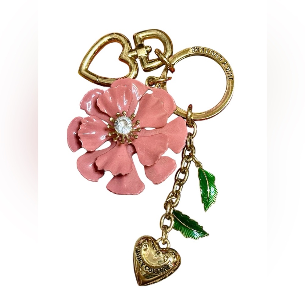 Juicy Couture Pink Floral Keychain with Gold and Green Accents